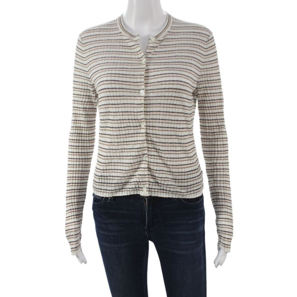 Theory Women Beige Striped Linen Cardigan Long Sleeve Round Neck Size S